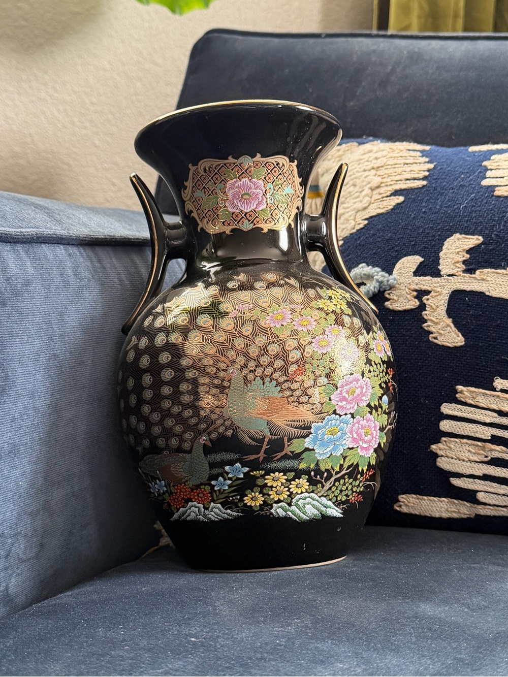 Black Decorative Peacock Ceramic Vase with Floral Motif
